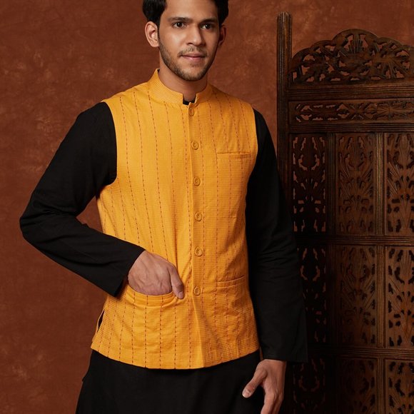 Fabindia Men's Yellow Viscose Blend Geometric Nehru Jacket Size L - Picture 7 of 8